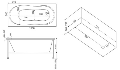 Акриловая ванна Bas Лима 130x70 без гидромассажа