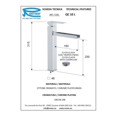 Смеситель для раковины Remer Qubica Cascata QC10L Хром