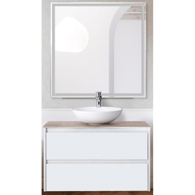 Комплект мебели для ванной BelBagno SET-KRAFT-800-BO-C-BB344-LOY-GRT-800/800 с зеркалом и смесителем Bianco Opaco, столешница - Cemento (без нанесения узора)
