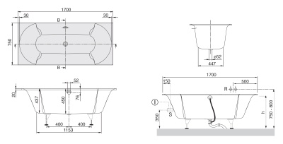 Квариловая ванна Villeroy&Boch Pavia 170x75 Белый альпин с ножками