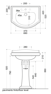 Раковина Kerasan Retro 69 1046 Белая с одним отверстием под смеситель