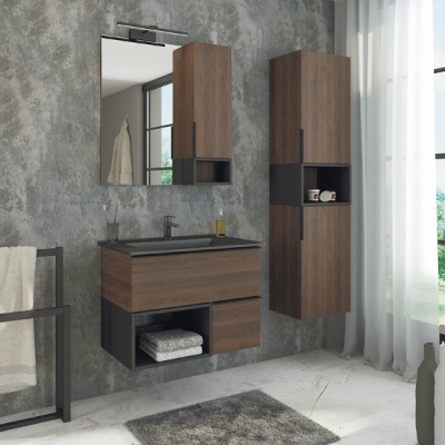 Тумба с раковиной Comforty Франкфурт 75 00-00000889 подвесная Дуб шоколадно-коричневый Черная матовая