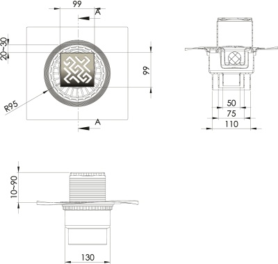 Душевой трап Berges Wasserhaus Zentrum Antik 100x100 092464 с решеткой Золото глянец
