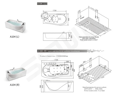 Акриловая ванна SSWW A104 172х85 R с гидромассажем