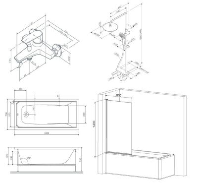 Комплект акриловой ванны со шторкой и душевой системой AM.PM Gem 170x70 W90ASET-170D8 без гидромассажа