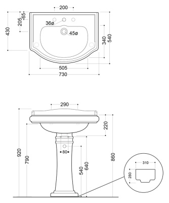 Раковина Kerasan Retro 73 1047 Белая с одним отверстием под смеситель