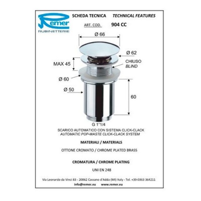 Донный клапан Remer 904CC Хром