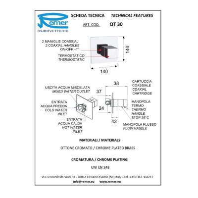 Смеситель для ванны Remer Qubica Thermo QT30 с термостатом Хром