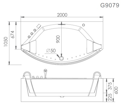 Акриловая ванна Gemy G9079 200х105 с гидромассажем