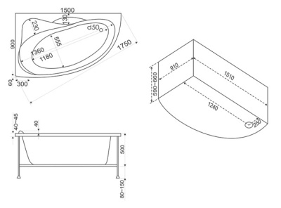 Акриловая ванна Bas Вектра 150x90 L без гидромассажа