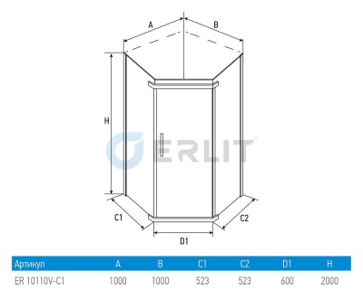 Душевой уголок Erlit ER10110V 100x100 профиль Матовый хром стекло прозрачное