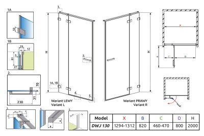 Душевая дверь в нишу Radaway Euphoria DWJ 130x200 профиль хром, стекло прозрачное, крепления слева