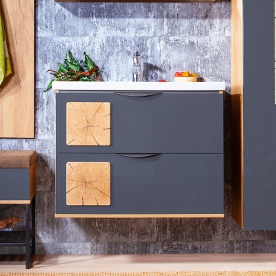 Тумба под раковину Бриклаер Форест 80 подвесная Антрацит со вставкой Пенёк