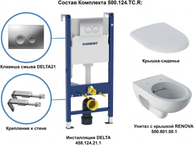 Комплект унитаза Geberit Renova 500.124.TC.R с инсталляцией Duofix с сиденьем Микролифт и клавишей смыва Хром глянцевый