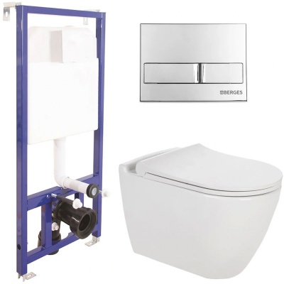 Комплект унитаза Berges Wasserhaus Toma Rimless с инсталляцией 043213 с сиденьем Микролифт и клавишей смыва Хром Комплект унитаза Berges Wasserhaus Toma Rimless с инсталляцией 043213 с сиденьем Микролифт и клавишей смыва Хром