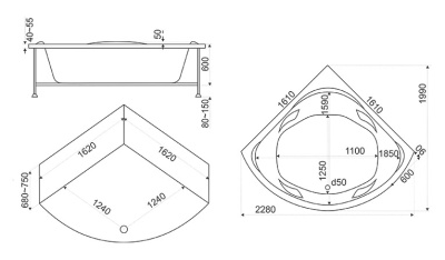 Акриловая ванна Bas Ривьера 161x161 без гидромассажа