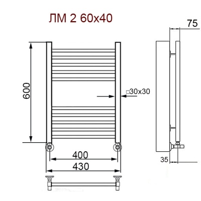 Водяной полотенцесушитель Ника Modern ЛМ 2 60x40 Хром 10 перекладин