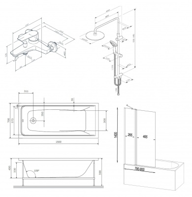 Комплект акриловой ванны со шторкой и душевой системой AM.PM Gem 150x70 W90ASET-150D3W5 без гидромассажа