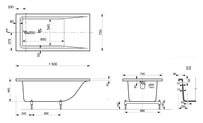 Ванна из искусственного камня Эстет Дельта 150x75 Белая