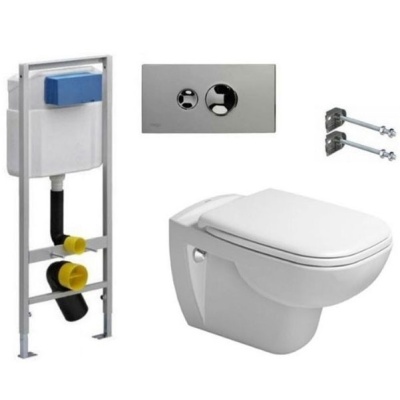 Комплект унитаза Duravit D-Code 45700900A1 с инсталляцией Viega Eco-WC 713386 с сиденьем и клавишей смыва Хром