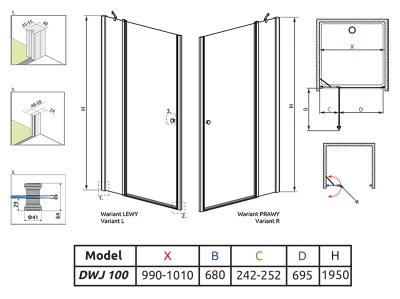Душевая дверь в нишу Radaway Eos II DWJ 100x195 профиль хром, стекло прозрачное, крепления слева