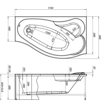Акриловая ванна Aquanet Palma 170x90 R 204023 без гидромассажа