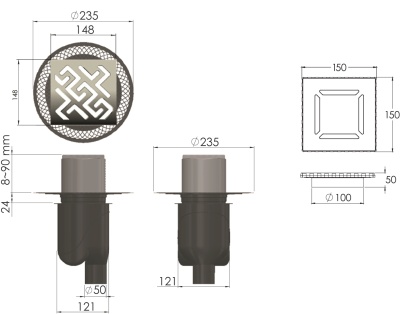 Душевой трап Berges Wasserhaus Platz Antik 150x150 092061 с решеткой Золото глянец