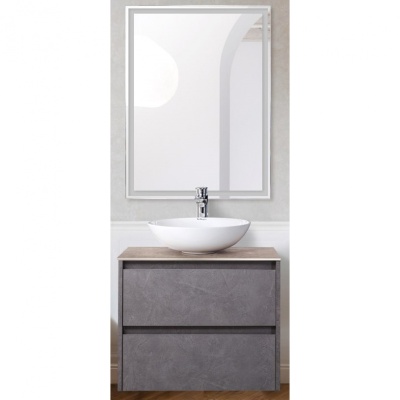 Комплект мебели для ванной BelBagno SET-KRAFT-600-PG-CDEC-BB344-LOY-GRT-600/800 с зеркалом и смесителем Pietra Grigio, столешница - Cemento Decorato (с нанесением узора)