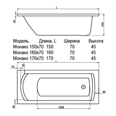 Акриловая ванна Santek Монако 160 без гидромассажа