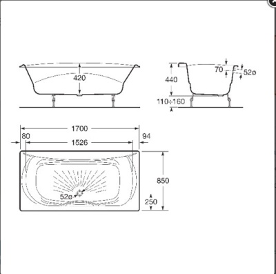 Чугунная ванна Roca Akira 170x85 2325G000R с антискользящим покрытием