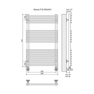 Водяной полотенцесушитель Terminus Ватра П18 500x931 4620768886607 Хром