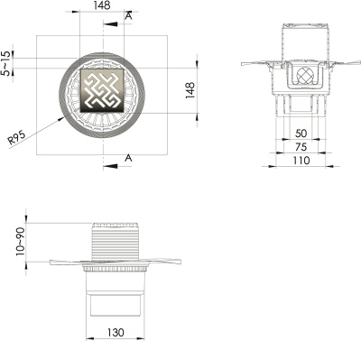 Душевой трап Berges Wasserhaus Zentrum Antik 150x150 090465 с решеткой Матовый хром