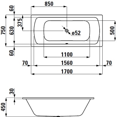 Стальная ванна Laufen Pro 170x75x45 без антискользящего покрытия