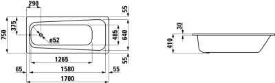 Стальная ванна Laufen Pro 170x75x41 без отверстий для ручек