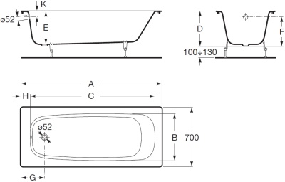 Чугунная ванна Roca Continental 150x70 21290300R без противоскользящего покрытия