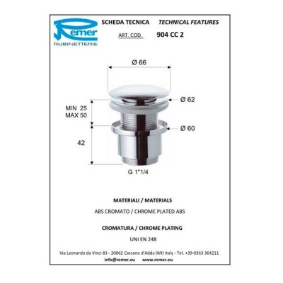 Донный клапан Remer 904CC2 Хром