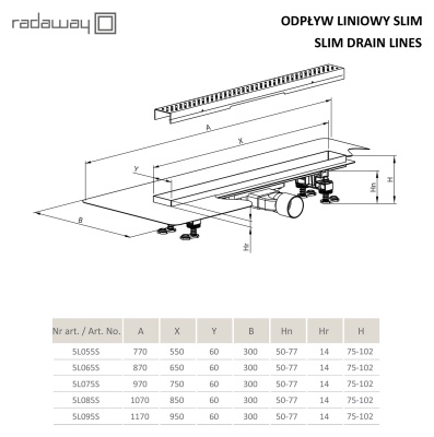 Линейный трап для душа Radaway RadаDrain Slim 95 для плитки 8-12 мм с решеткой SlimRain