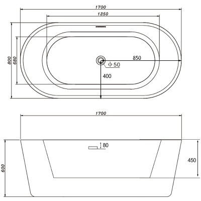 Акриловая ванна Abber AB9209 170х80 без гидромассажа
