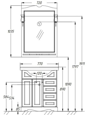 Комплект мебели для ванной Opadiris Клио 70 Орех антикварный со светильником Рустика Бронза