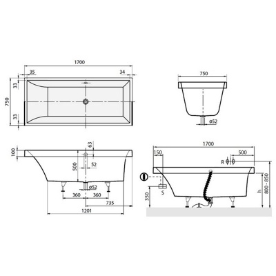 Квариловая ванна Villeroy&Boch Squaro 170x75 Белый старвайт