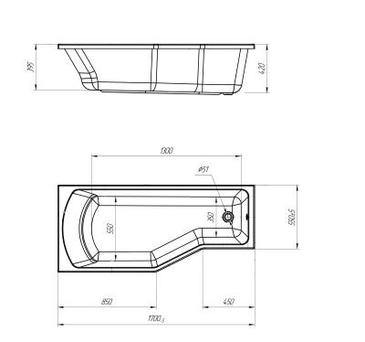 Акриловая ванна Marka One Convey 170x75 L 01кон1775л без гидромассажа