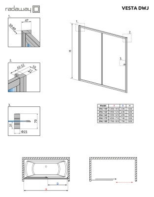 Шторка на ванну Radaway Vesta DWJ 170 профиль Хром стекло прозрачное