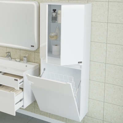 Шкаф пенал СанТа Лондон 60 подвесной с бельевой корзиной Белый