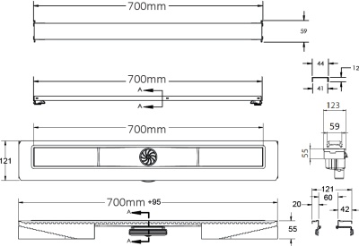 Душевой лоток Berges Wasserhaus C1 Brise 700 090032 с решеткой Матовый хром