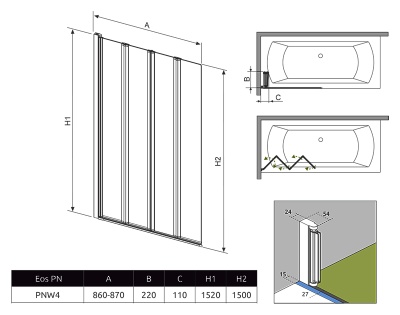 Шторка на ванну Radaway Eos PNW4 86 профиль Хром стекло прозрачное Шторка на ванну Radaway Eos PNW4 86 профиль Хром стекло прозрачное