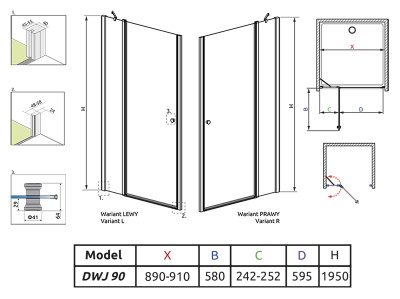 Душевая дверь в нишу Radaway Eos II DWJ 90x195 профиль хром, стекло прозрачное, крепления слева