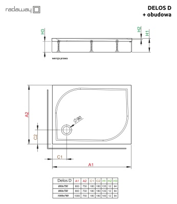 Акриловый поддон для душа Radaway Delos D 80x75x13,5 R Белый