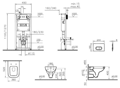 Комплект унитаза с инсталляцией Vitra S20 9004B003-7204 подвесной с сиденьем Микролифт и кнопкой смыва Хром
