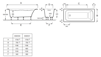 Ванна из материала Flight Jacob Delafon Elite 170x70 E6D030-00 без гидромассажа