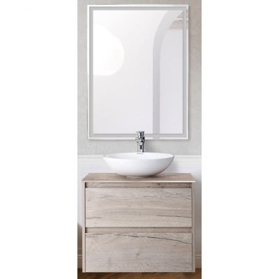 Комплект мебели для ванной BelBagno SET-KRAFT-600-RGB-C-BB344-LOY-GRT-600/800 с зеркалом и смесителем Rovere Galifax Bianco, столешница - Cemento (без нанесения узора)